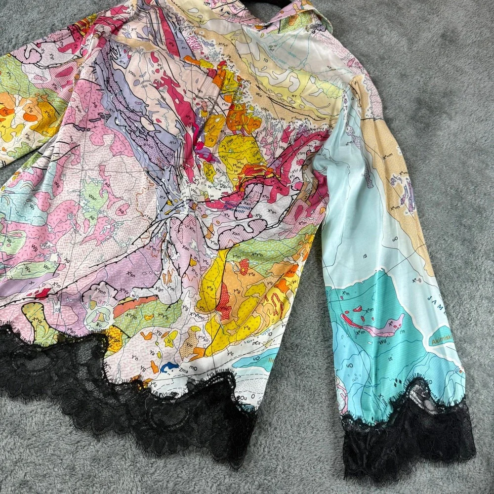 ME369 Mila Lace Button Down Top & Cora Pants Size Map Print XS Matching Set